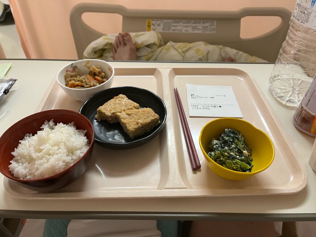 夕食:豆腐ハンバーグ、小鉢、白ごはん