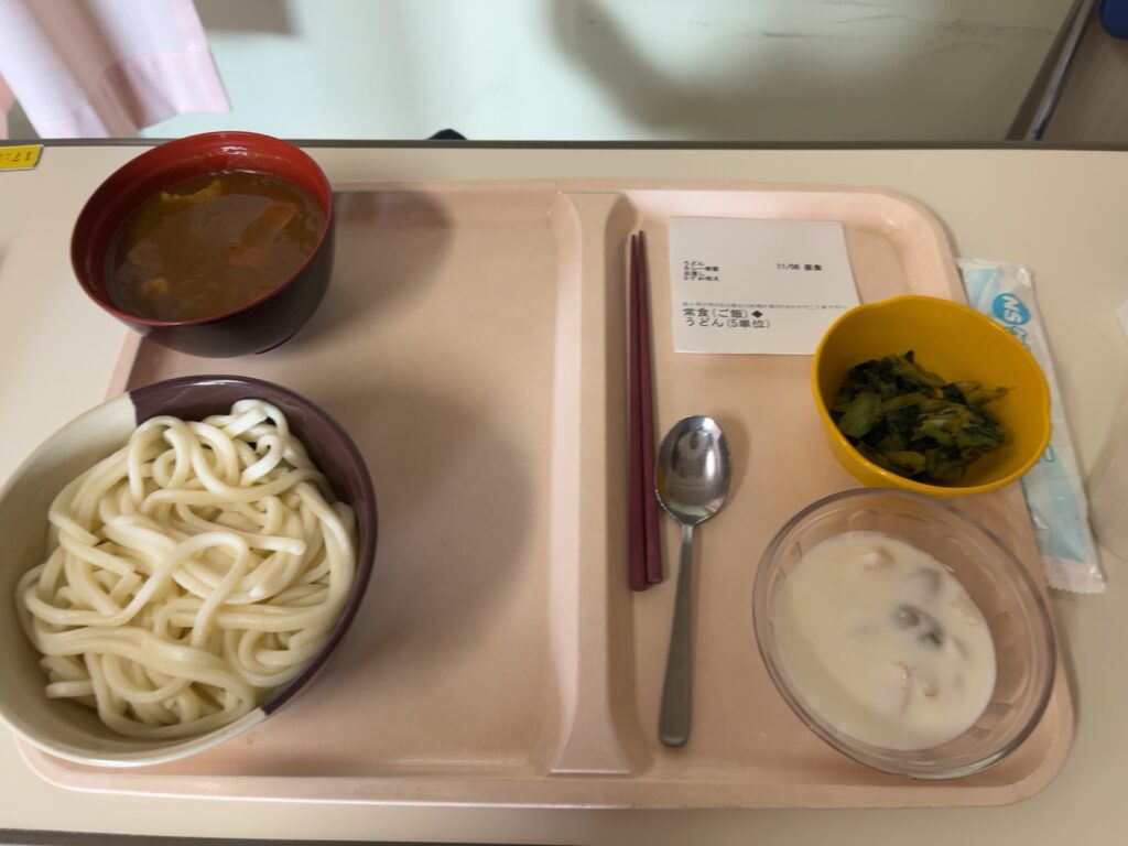 病院食の昼食（カレーうどん・小松菜のおひたし・デザートのフルーツヨーグルト）